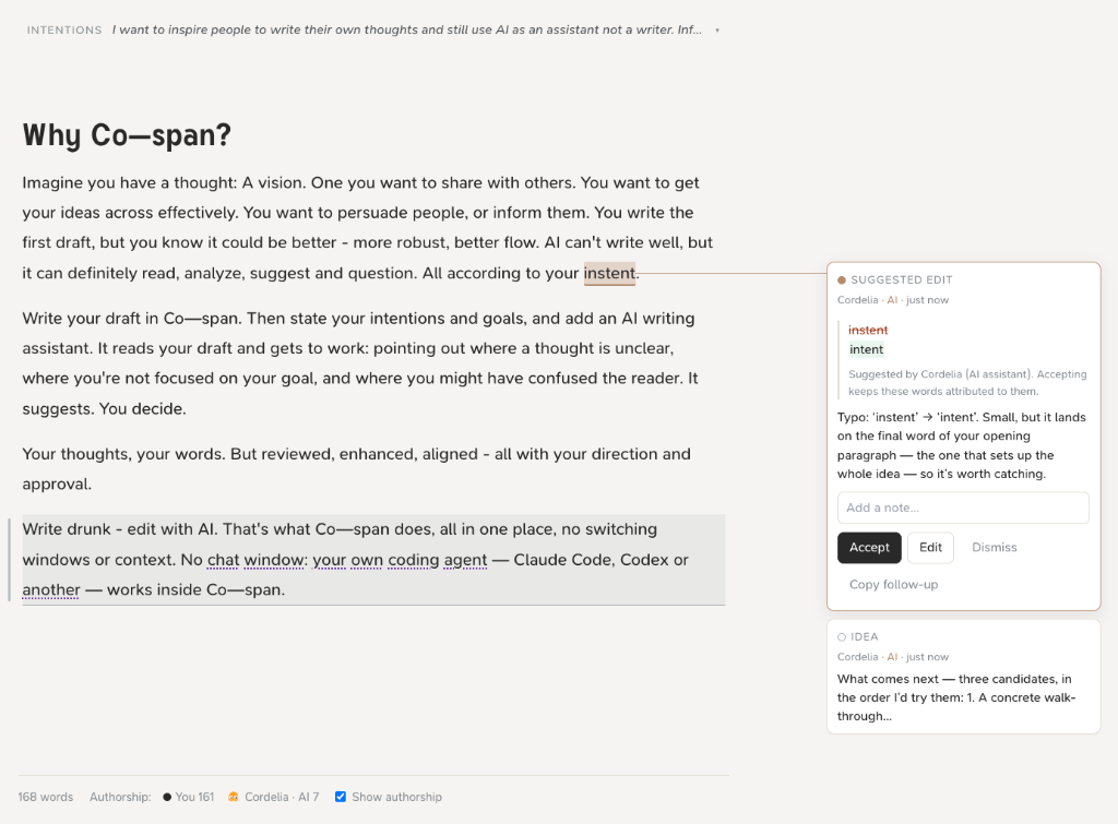 Co—span showing an AI writing assistant suggesting an edit and an idea alongside a draft
