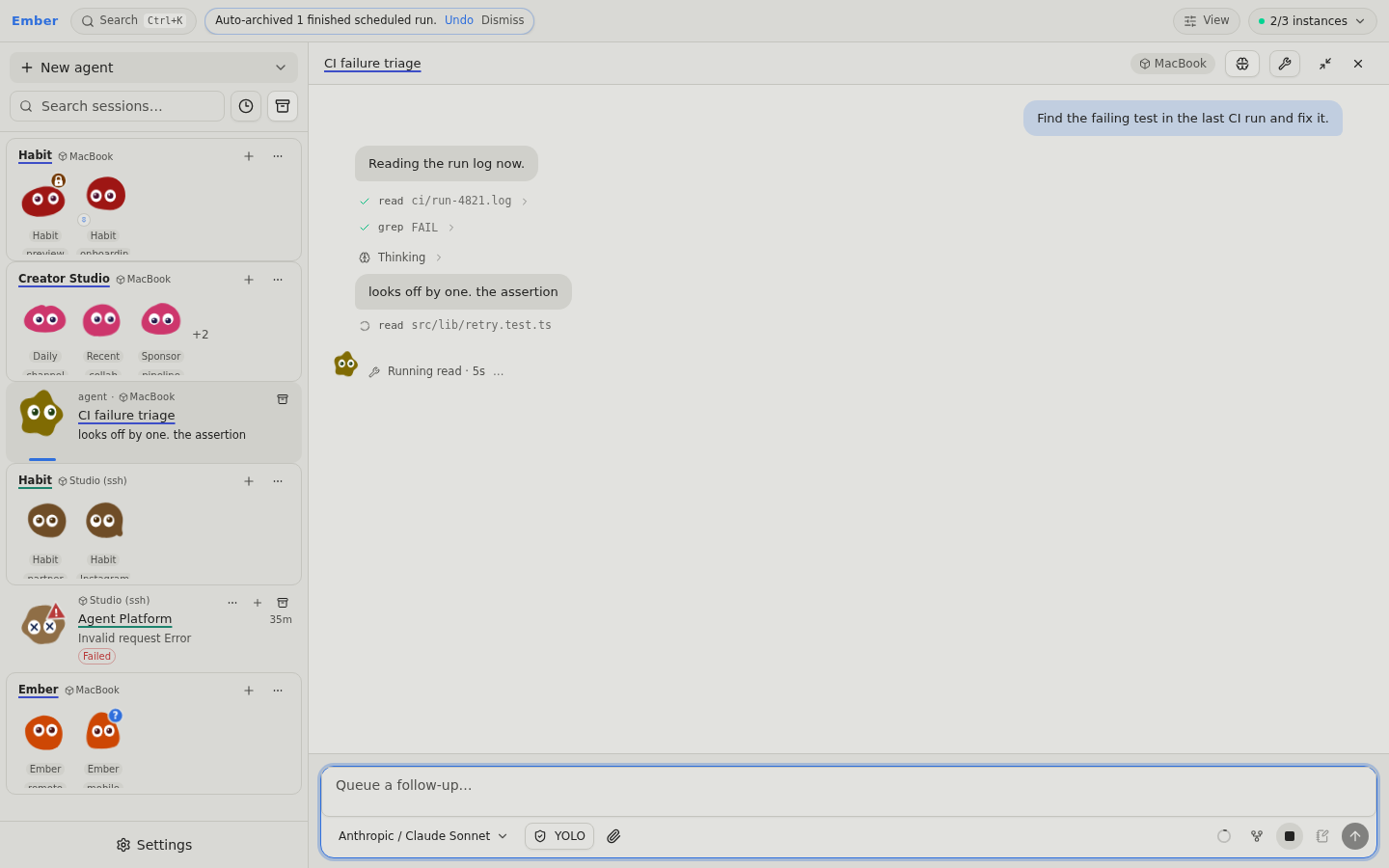 Ember workspace showing projects and sessions in the sidebar and a session transcript with tool calls