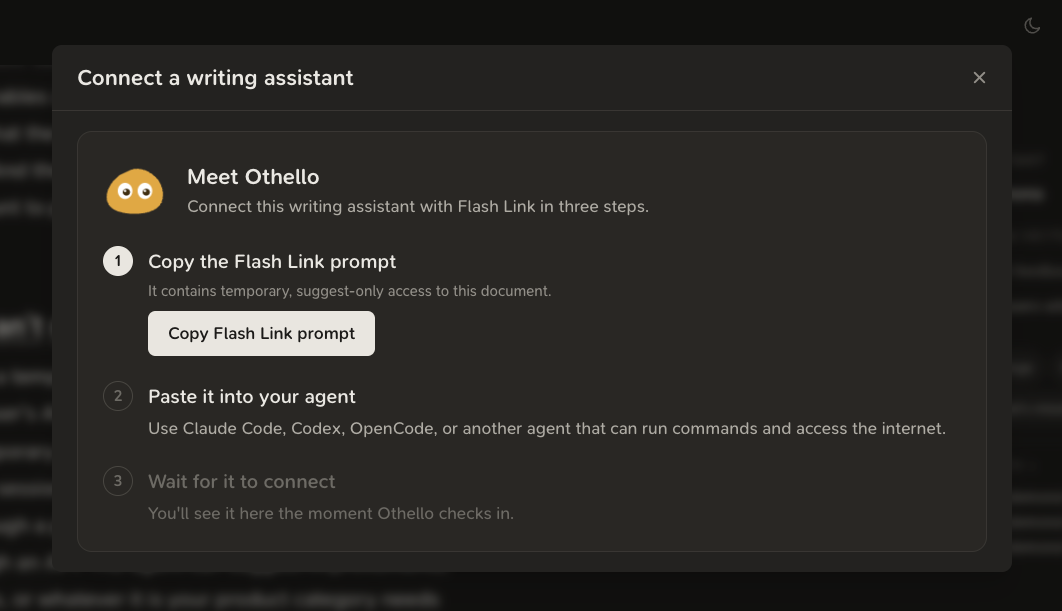 The Flash Link connect flow in Co-Span: copy the prompt, paste it into your agent, and it checks in.