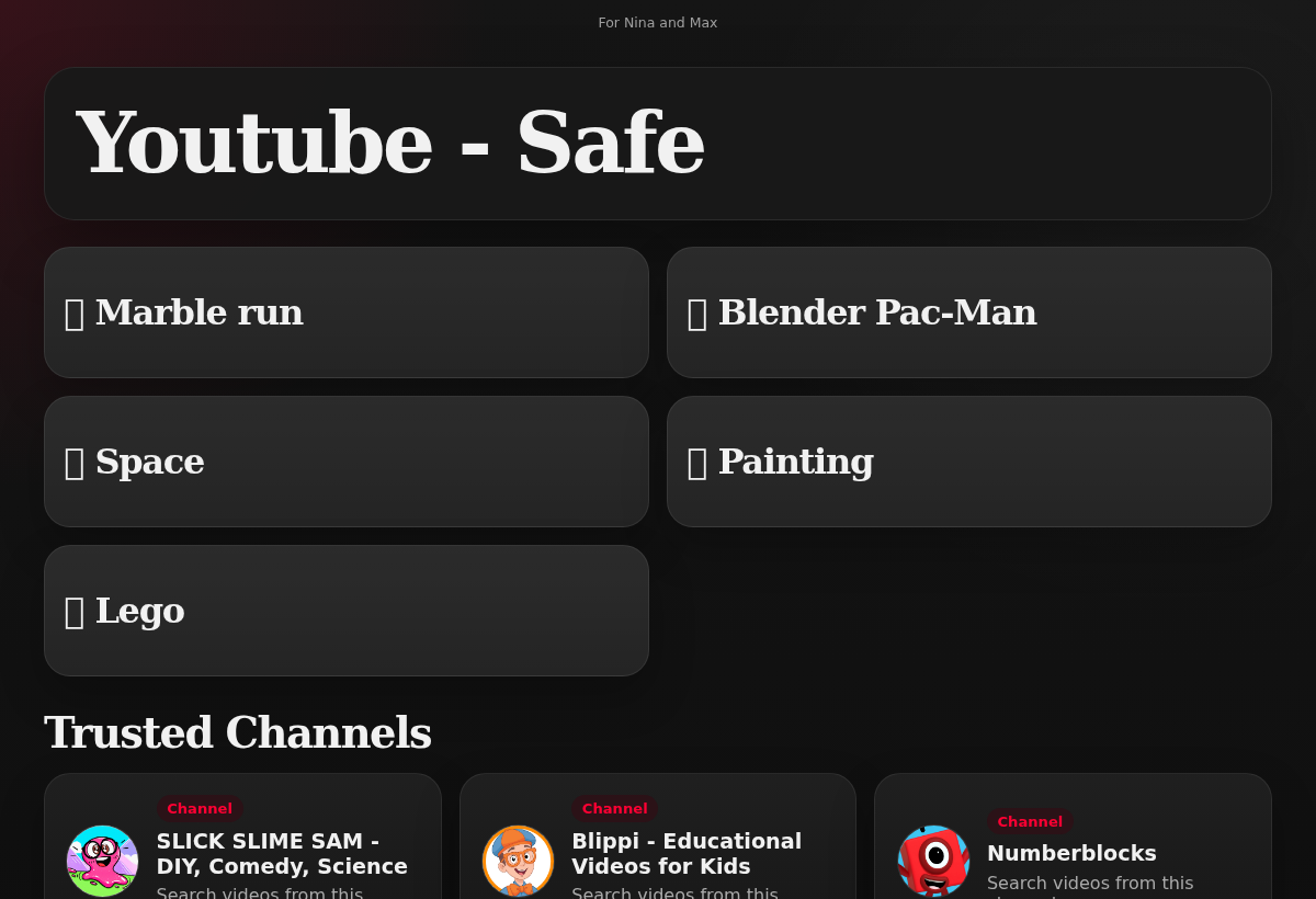 Safe YouTube home screen with topic buttons and trusted channels